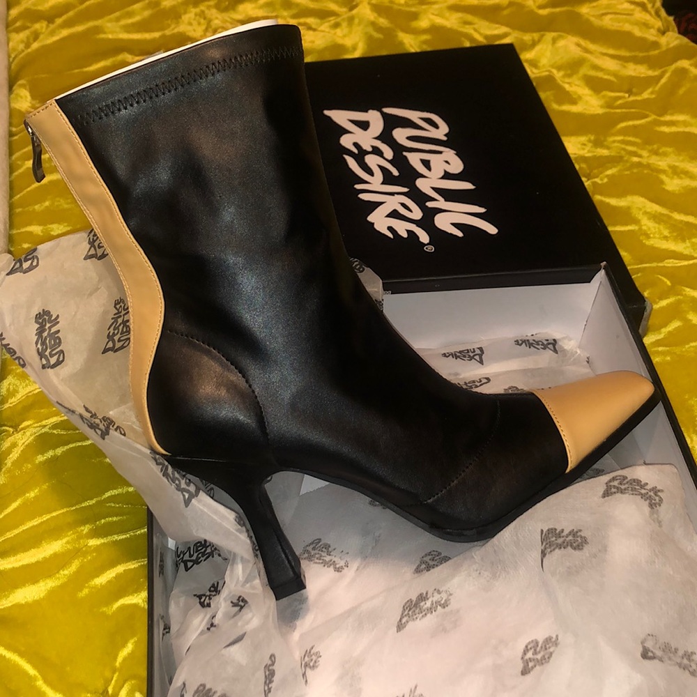 Public Desire tan and black zip up booties